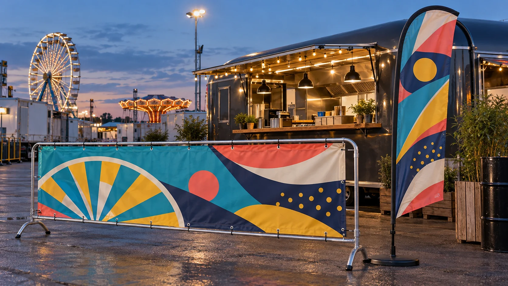 Gestaltungsbeispiel für Bauzaunbanner und Beachflag an einem Schausteller-Verkaufswagen