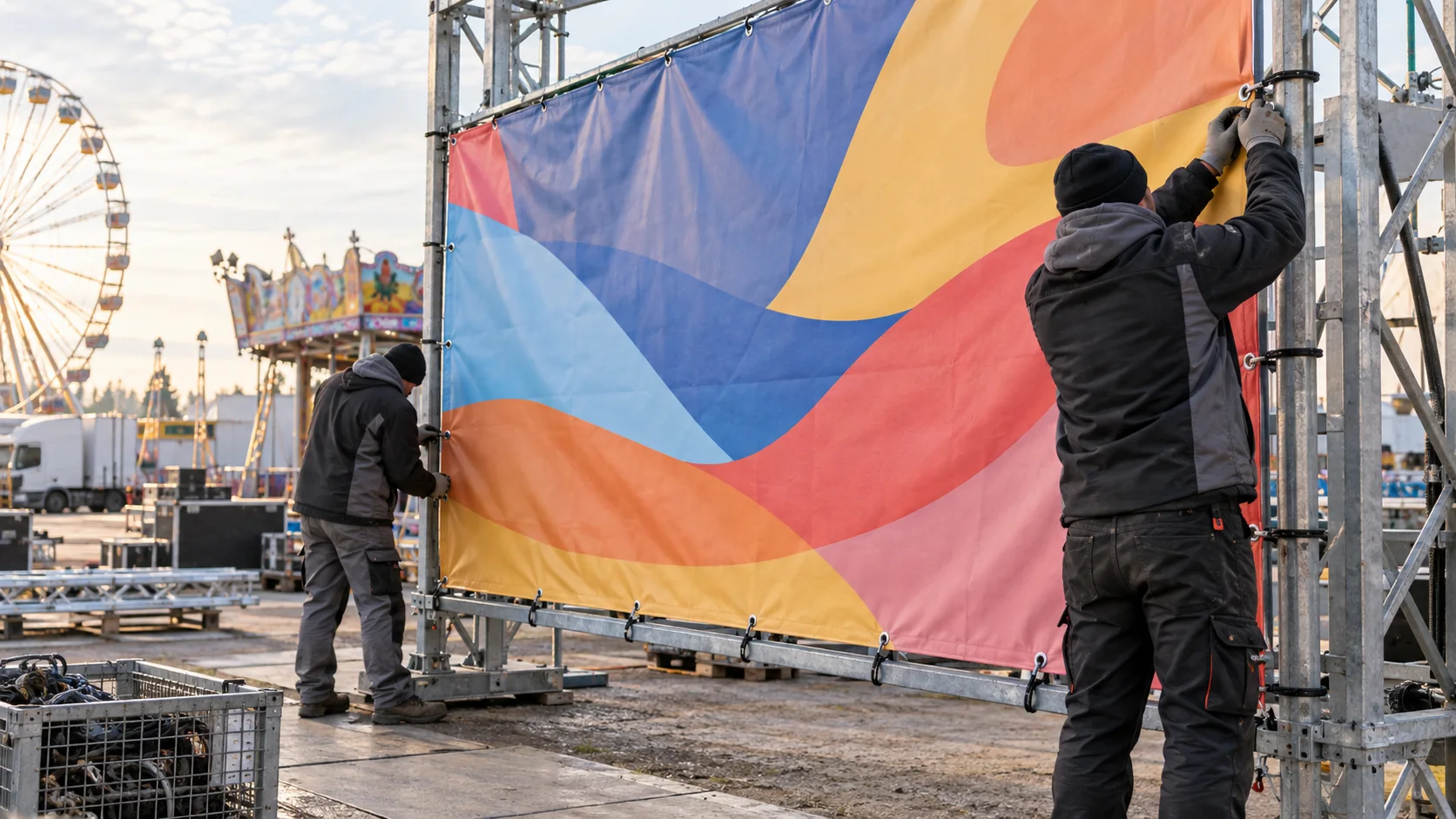 KI-generierte Visualisierung einer Banner-Montage an einem Schaustellergeschäft