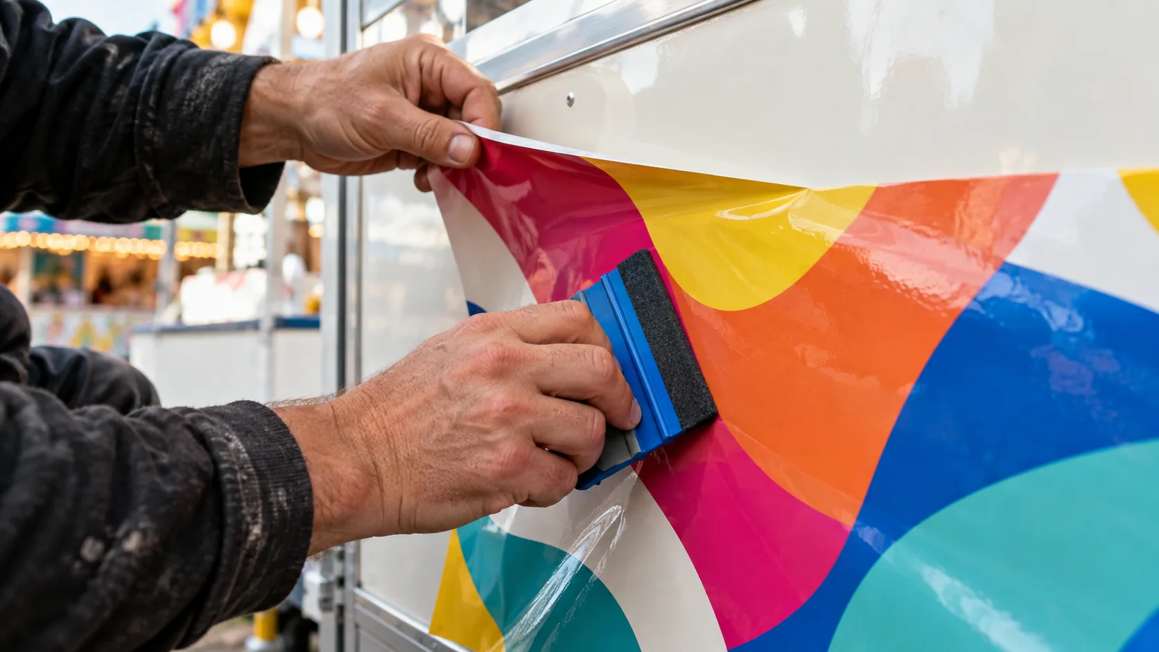 KI-generierte Nahaufnahme einer Folienmontage mit Rakel an einem Verkaufswagen