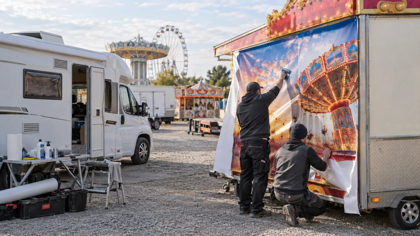 KI-generierte Visualisierung eines mobilen Folierungsservices mit Wohnmobil an einem Schausteller-Verkaufswagen